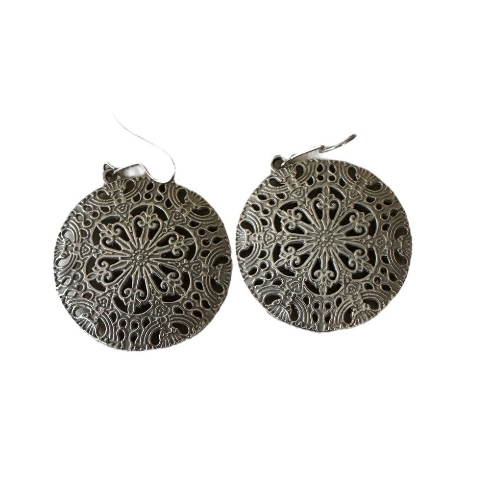 Silver Filigree‎ Mandala Hook Earrings Boho Native Vintage Eclectic Medallion